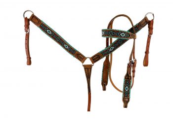 Showman Browband beaded Headstall and Breast collar Set with rawhide lacing accents